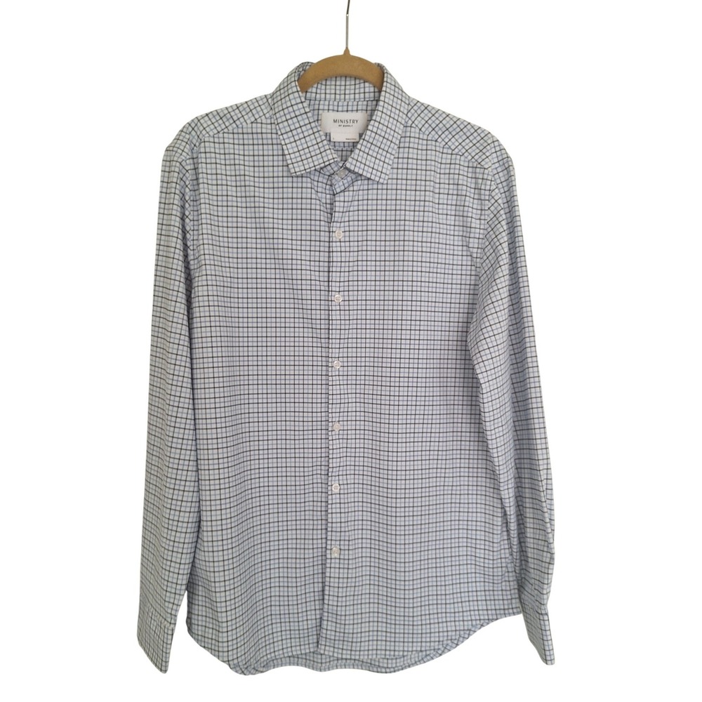 Ministry of Supply Shirt Men Size Large Light Blue Checked Long Sleeve Button Up